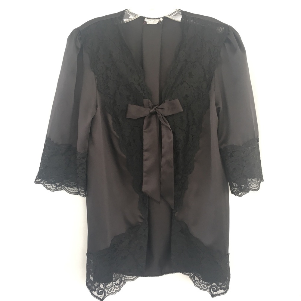 SOLD Vintage 1960s Bert Yelin Bed Jacket Black Polyester Satin Lace Size S